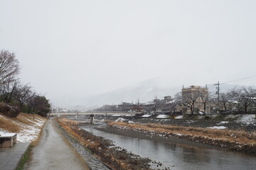 Winter Snow Kamogawa Kamoriver Riverside walkway 