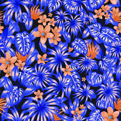 Tropical Moody Floral vector seamless repeat pattern. Blue Carmel color florals perfect for fabric, home decor, wallpaper, upholstery, and floral backgrounds - 432110983