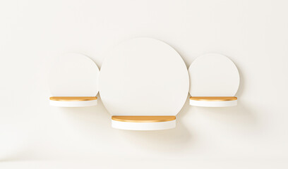 Minimal scene with podium and abstract background. Golden and white colors scene. Trendy 3d render for social media banners, promotion, cosmetic product show. Geometric shapes interior.	