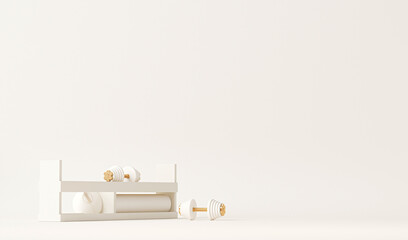 Weights and ball. Pastel cream and beige colors scene. Trendy 3d render for sport fitness equipment, female concept, lifting in the gym and exercise daily background. Healthy lifestyle