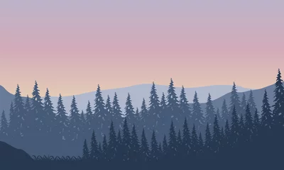 Foto op Plexiglas Mistig bos Realistisch panoramisch uitzicht op de bergen met het bos in de ochtend vanuit de buitenwijken. vector illustratie