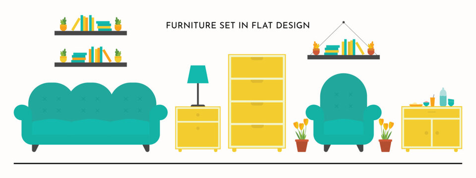 Flat furniture set illustration vector in green sofa yellow cupboard and for living room decoration design