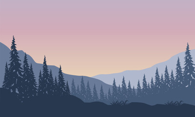 Mountain view with the incredible forest in the morning. Vector illustration