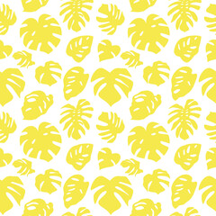 Seamless simple monochrome pattern with yellow flat monstera leaves on white background. Vector illustration.