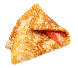 Pancake with red fish fillet on a white