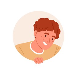 Happy funny person peeking out and looking from behind round hole. Curious teenager peeping from circle, watching for smth. Curiosity concept. Colored flat vector illustration isolated on white