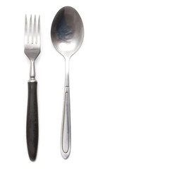 Metal spoon and fork isolated on a white background.
