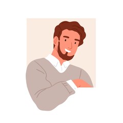 Smiling person peeping and peeking out of window. Happy friendly man looking outside square hole. Curious human watching. Curiosity concept. Flat vector illustration isolated on white background