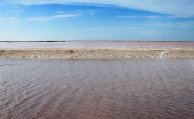 Pink salt lake in the Rio Lagartos bio-reserve, Yucatan, Mexico. Huge salt evaporation ponds for sea salt extraction lie on this stretch of land