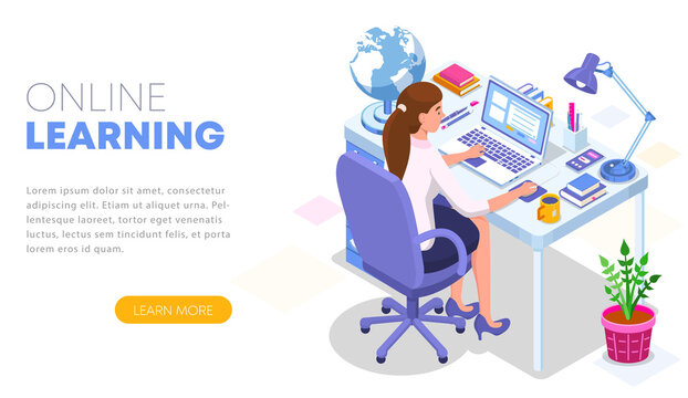 Modern flat design isometric concept of Online Learning. Landing page template. Student character sitting at desk and taking online courses. Can use for web banner, infographics, and website. Vector i