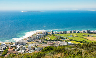 Elevated view of Green Point coastal suburb in Cape Town