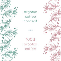 Obraz premium Reetro coffee shop banner template. Vector coffee leaf illustration in engraving style. Green leaves drawing. Botanical pattern background. Square coffee roasters banner. Specialty coffee concept.