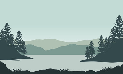 A foggy morning with a great view of the mountains from the riverbank with the silhouettes of the surrounding pine trees. Vector illustration