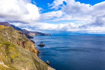 Aerial view of the beautiful coast at Malin Beg with Slieve League in the background in County...