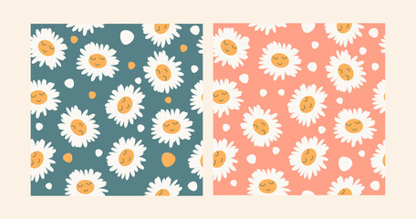 Set of two Seamless Patterns with Chamomile with cute faces. Various hand drawn Meadow flowering plant. Abstract Trendy design in Cartoon style. Vector illustration for kids, paper, cover and fabric.
