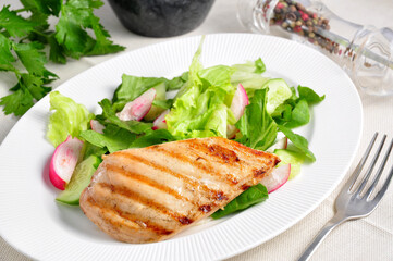 grilled chicken fillet with summer vegetables. Concept: proper healthy food