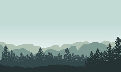 Mountain view with realistic jungle from the edge of the city at sunrise. Vector illustration