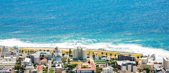 Fototapeta premium Elevated view of Green Point coastal suburb in Cape Town