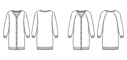 Set of dress Cardigans Sweater technical fashion illustration with rib V- neck, long raglan sleeves, button closure, relax fit, knit trim. Flat apparel front, back, white color. Women, men CAD mockup