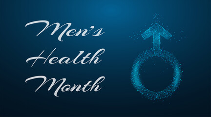 Fototapeta na wymiar Men's health month concept. Banner template with text and glowing low poly blue male gender simbol. Vector illustration.