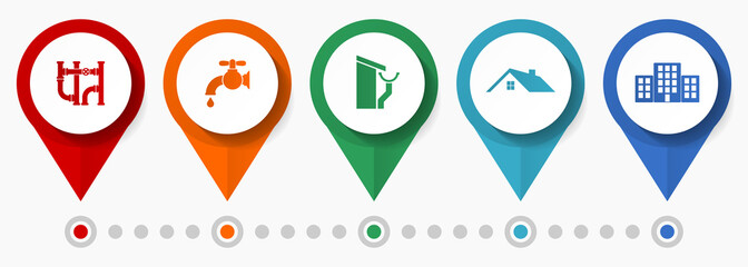 Home construction, installations concept vector icon set, flat design pointers, infographic template