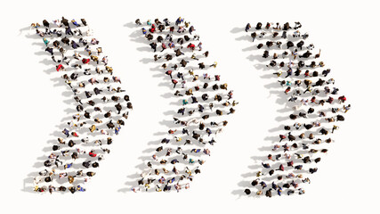 Concept conceptual large community of people forming the dangerous turn road sign. 3d illustration metaphor for caution, warning, safety and guidance