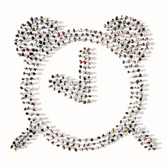 Concept conceptual large community of people forming the alarm clock icon. 3d illustration metaphor for time, countdown, notification, intenet, application and deadline