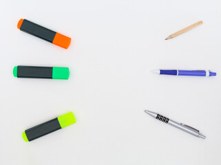 Pencil, pens and color markers