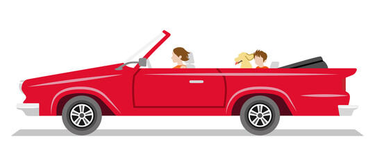 Red long convertible car ,side view - Mother, child, dog seated - obrazy, fototapety, plakaty