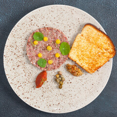 beef tartare with mushroom caviar and red pepper mousse. The view from the top