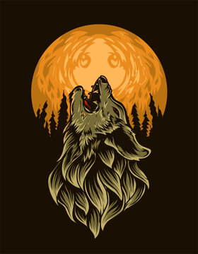 illustration vector roaring wolf in the moon