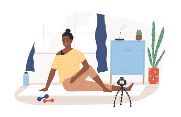 Fitness blogger on yoga mat recording online video classes of sports exercises. Black-skinned vlogger in front of camera on tripod. Colored flat vector illustration isolated on white background