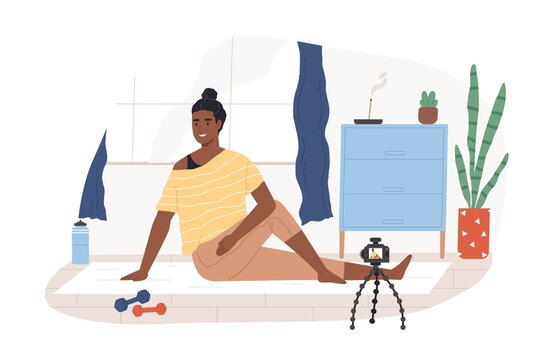 Fitness blogger on yoga mat recording online video classes of sports exercises. Black-skinned vlogger in front of camera on tripod. Colored flat vector illustration isolated on white background