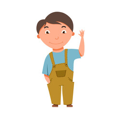 A light-skinned, dark-haired boy waves. Vector illustration