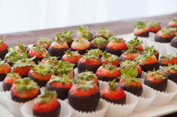 chocolate-covered strawberries at the reception. close up. selected focus