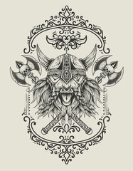 Fototapeta premium illustration vector viking head with two ax
