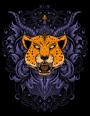 illustration vector cheetah head with vintage engraving ornament