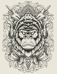 illustration vector gorilla head with vintage engraving ornament