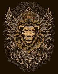 illustration vector lion head with vintage engraving ornament