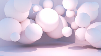 Pastel room decorated with random sizes white balls. 3d rendering picture.