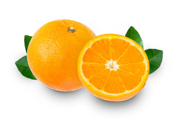 Fresh oranges fruit with half of orange and leaves isolated on white background