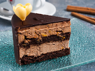 sweet chocolate orange cake on a glass plate