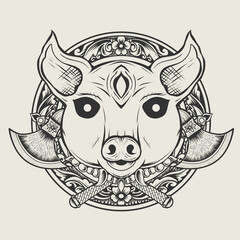 illustration pig devil head monochrome style