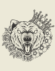 illustration angry bear head with flower ornament