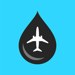Black oil drop with airplane. Traveling environmental impact. Ecological transportation concept. Plane with drop of fuel icon. Fossil fuel kerosene. Greenhouse gas. Vector illustration, flat, clip art © Tasha Vector