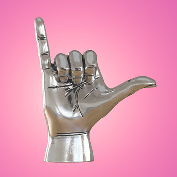 A Decorative Silvery Hand With An Extended Thumb And Pinky Finger On A Pink Background. Front View. 3d Rendering