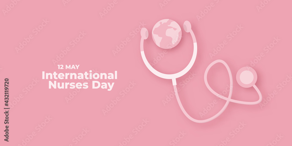 Wall mural International nurses day vector horizontal banner or poster with stethoscope isolated on pink background. vector 12 May Happy nurses day icon or sign design template - Wall murals