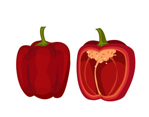 Red Sweet Pepper vector set.Isolated object full,half bell Paprika pepper.Vegetarian Farm product. Design for grocery,culinary products,seasoning,spice package, recipe web site decoration,cooking book