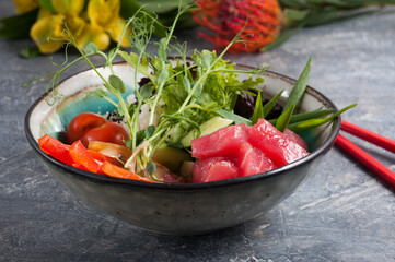organic food: poke with tuna. Selected focus