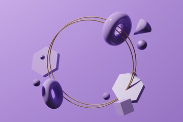 3d render of purple flying geometric shapes like, hexagons, spheres, cones and donuts with golden rings frame